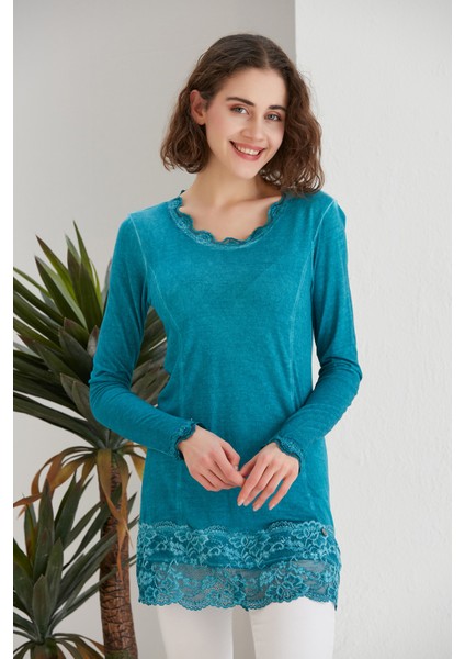 Kadın Turkuaz Mavi Dantel Detaylı Uzun Kol Curve Spor Şık Bluz Tunik modelleri