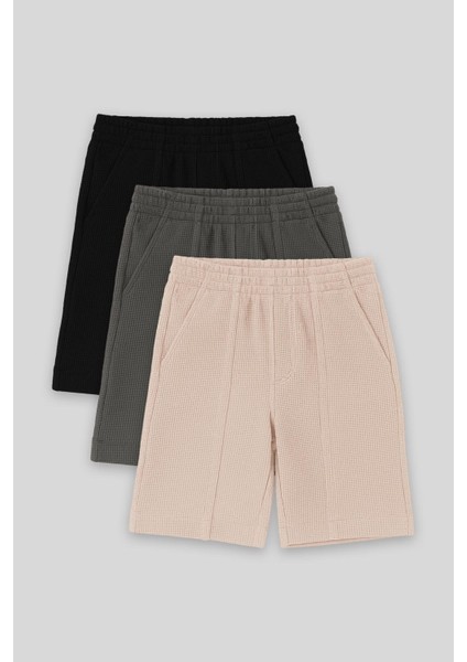 Standart Fit Basic 3lü Paket Siyah-Haki-Bej Erkek Çocuk Şort - 11289