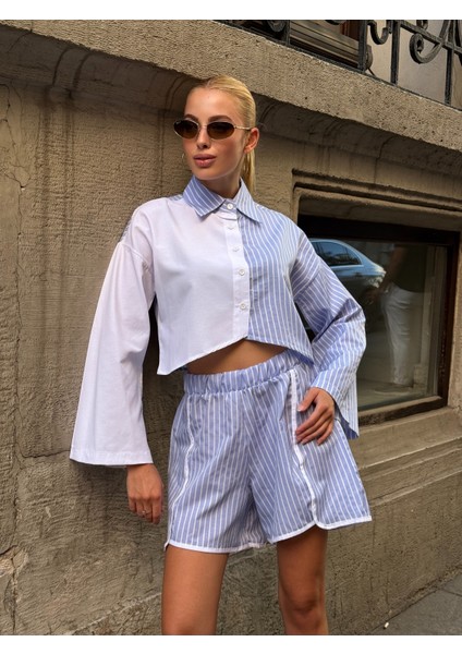 Kadın Çizgili Asimetrik Kesim Ispanyol Kol Önden Düğmeli Spor Şık Tasarım Etek Şort Gömlek Takım fiyatları
