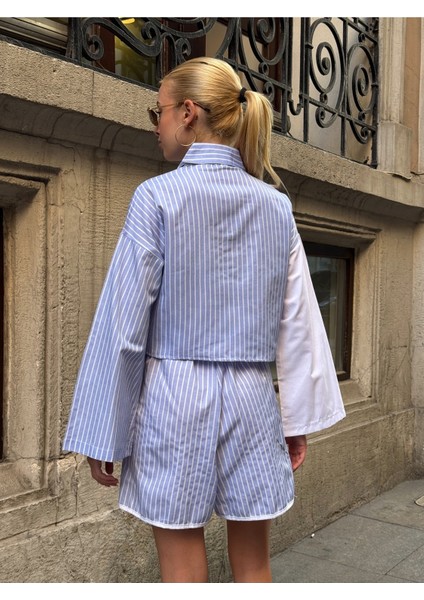 Kadın Çizgili Asimetrik Kesim Ispanyol Kol Önden Düğmeli Spor Şık Tasarım Etek Şort Gömlek Takım fırsatları