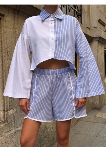Kadın Çizgili Asimetrik Kesim Ispanyol Kol Önden Düğmeli Spor Şık Tasarım Etek Şort Gömlek Takım indirimleri