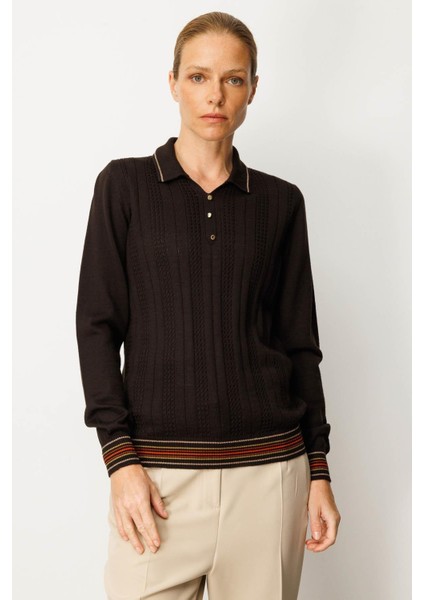 Kadın Polo Yaka Simli Çizgili Yün Bluz K.kahve