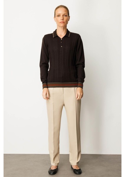 Kadın Polo Yaka Simli Çizgili Yün Bluz K.kahve fiyatları