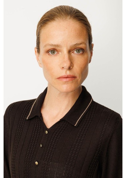 Kadın Polo Yaka Simli Çizgili Yün Bluz K.kahve modelleri