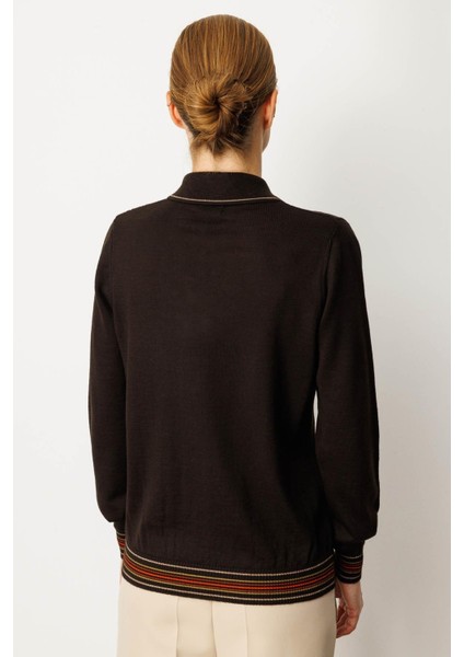 Kadın Polo Yaka Simli Çizgili Yün Bluz K.kahve fırsatları