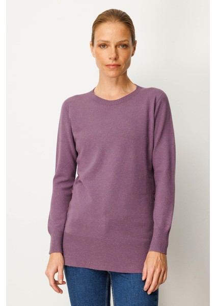 Kadın Sıfır Yaka Dikişsiz Yanları Düğmeli Simli Kazak Mor