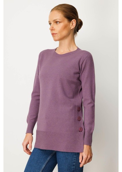 Kadın Sıfır Yaka Dikişsiz Yanları Düğmeli Simli Kazak Mor fiyatları