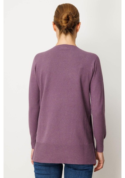 Kadın Sıfır Yaka Dikişsiz Yanları Düğmeli Simli Kazak Mor modelleri