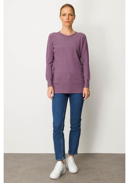 Kadın Sıfır Yaka Dikişsiz Yanları Düğmeli Simli Kazak Mor fırsatları