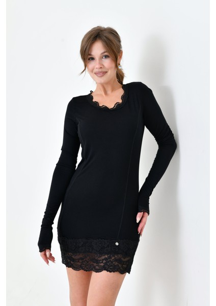 Kadın Viskon Dantel Detaylı Uzun Kol Curve Spor Şık Bluz Tunik indirimleri