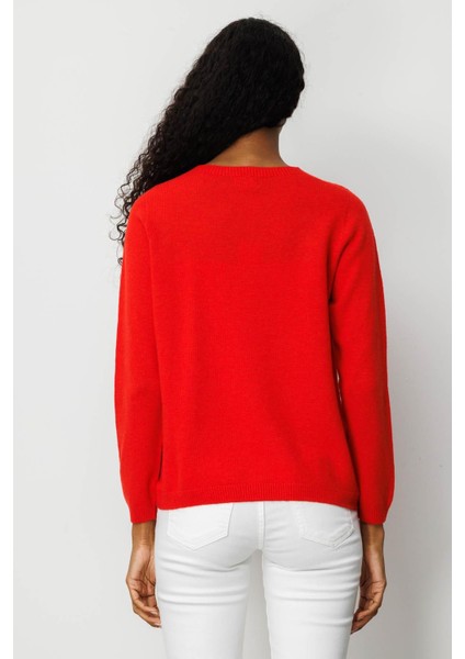 Kadın Sıfır Yaka Omuzu Işlemeli Yün Kazak Mercan fırsatları