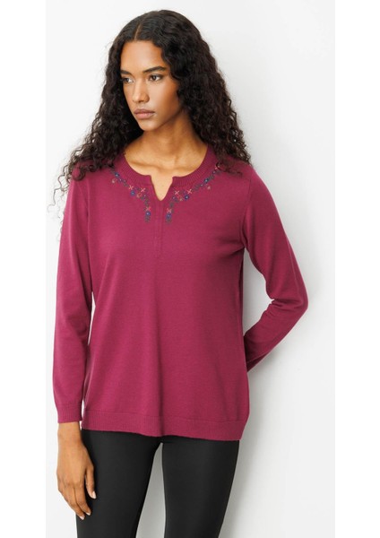 Kadın Sıfır Yaka Yakası Çiçek Nakış Işlemeli Bluz Mürdüm