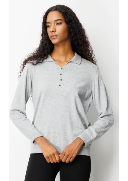 Kadın Polo Yaka Angelina Basic Bluz Gri