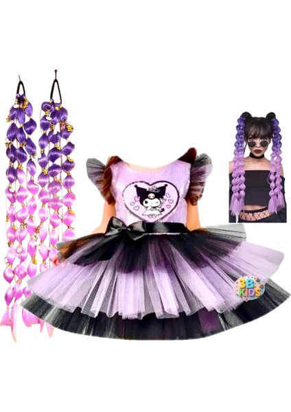 Kuromi Kostüm Elbise Kuromi Aksesuarlı Saç Peruk 2 Li Set Doğum Günü Parti Düğün Davet Mezuniyet