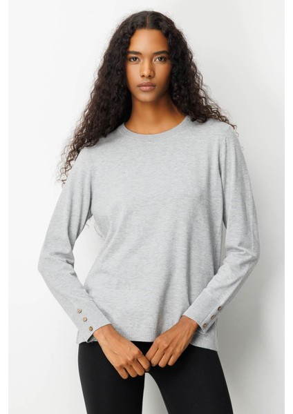 Kadın Sıfır Yaka Yırtmaçlı Yanı Düğmeli Bluz Gri modelleri