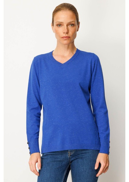 Kadın V Yaka Kolları Düğmeli Simli Bluz S.mavi