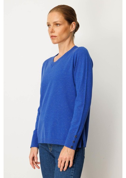 Kadın V Yaka Kolları Düğmeli Simli Bluz S.mavi fiyatları