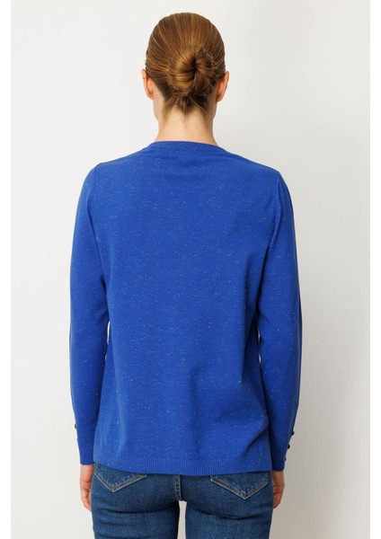 Kadın V Yaka Kolları Düğmeli Simli Bluz S.mavi modelleri