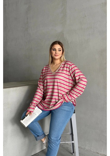 Kadın V Yaka Büyük Beden Oversize Kalıp Geniş Tunik Boy Yırtmaçlı Çizgili Uzun Kol Curve Yumoş Bluz