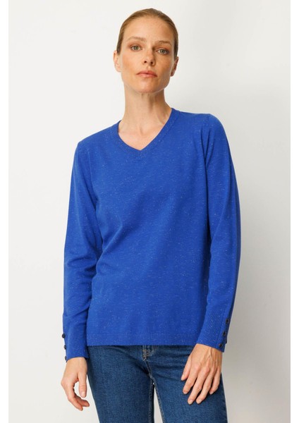 Kadın V Yaka Kolları Düğmeli Simli Bluz S.mavi fırsatları