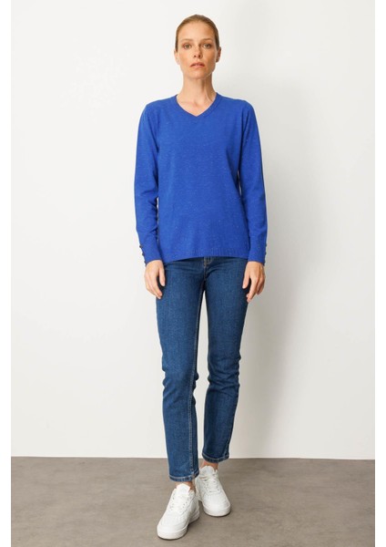 Kadın V Yaka Kolları Düğmeli Simli Bluz S.mavi indirimleri