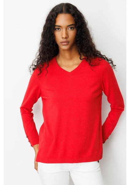 Kadın V Yaka Kolları Düğmeli Simli Bluz A.kırmızı