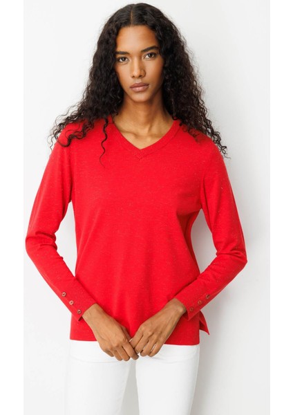 Kadın V Yaka Kolları Düğmeli Simli Bluz A.kırmızı fiyatları