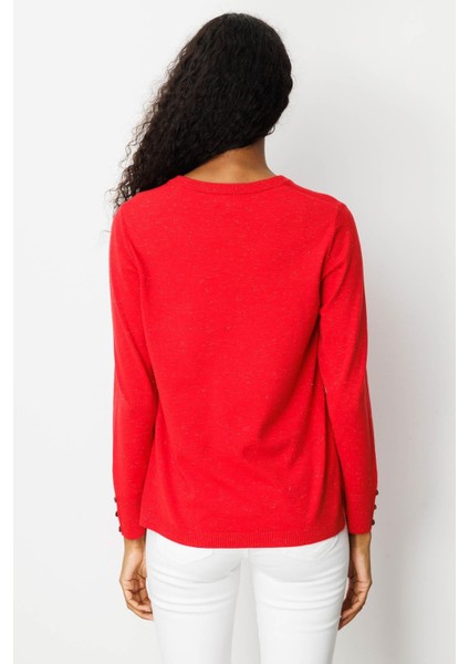 Kadın V Yaka Kolları Düğmeli Simli Bluz A.kırmızı modelleri