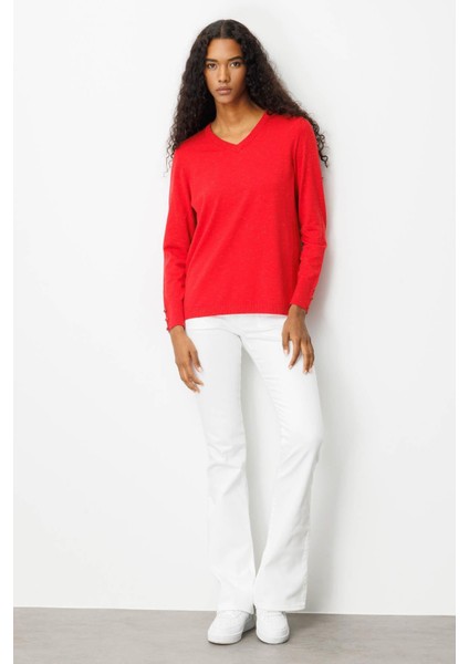 Kadın V Yaka Kolları Düğmeli Simli Bluz A.kırmızı fırsatları