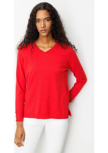Kadın V Yaka Kolları Düğmeli Simli Bluz A.kırmızı indirimleri