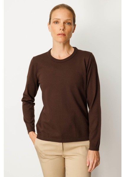 Kadın Basic Sıfır Yaka Kazak Kahve