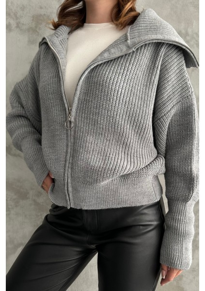 Gri Devrik Yaka Fermuarlı Triko Hırka Gri / Standart modelleri