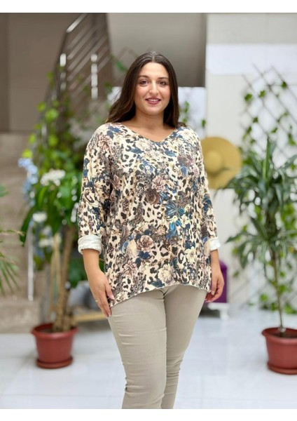NC23721 Dijital Baskı Italyan Triko Bluz