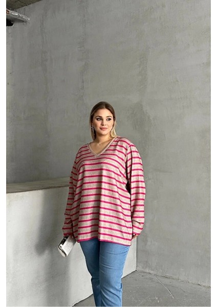 Kadın V Yaka Büyük Beden Oversize Kalıp Geniş Tunik Boy Yırtmaçlı Çizgili Uzun Kol Curve Yumoş Bluz modelleri