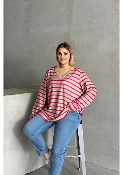 Kadın V Yaka Büyük Beden Oversize Kalıp Geniş Tunik Boy Yırtmaçlı Çizgili Uzun Kol Curve Yumoş Bluz fırsatları