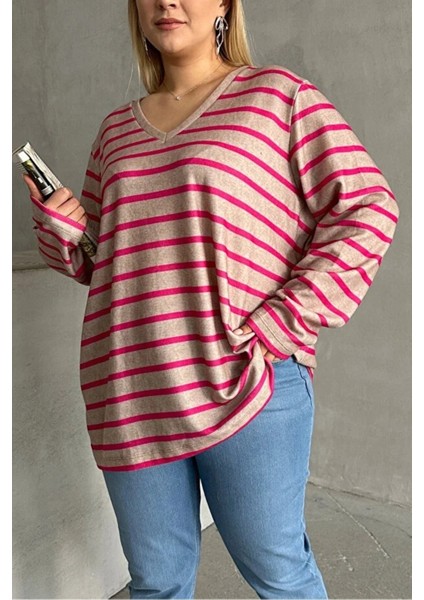Kadın V Yaka Büyük Beden Oversize Kalıp Geniş Tunik Boy Yırtmaçlı Çizgili Uzun Kol Curve Yumoş Bluz indirimleri