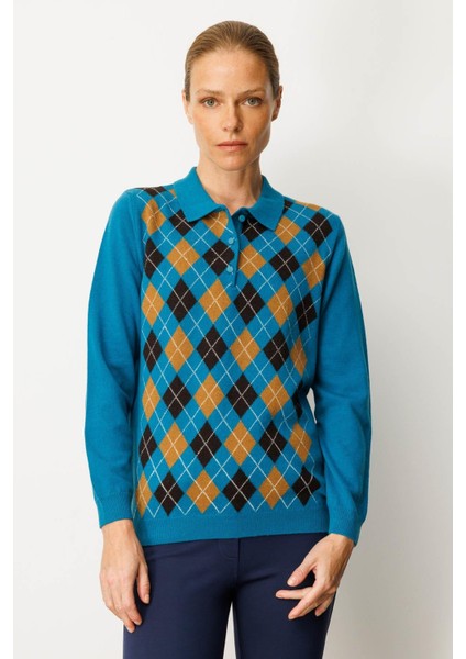 Kadın Polo Yaka Önü Baklavalı Yün Kazak A.petrol