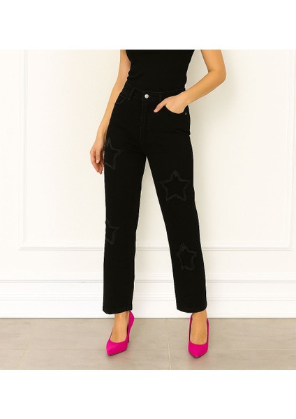 -Wide Leg Likralı Yıldız Nakışlı Kot Pantolon