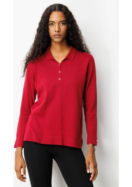 Kadın Polo Yaka Yakası ve Kolu Düğmeli Bluz Vişne