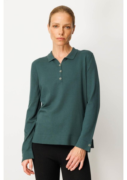 Kadın Polo Yaka Yakası ve Kolu Düğmeli Bluz Yeşil