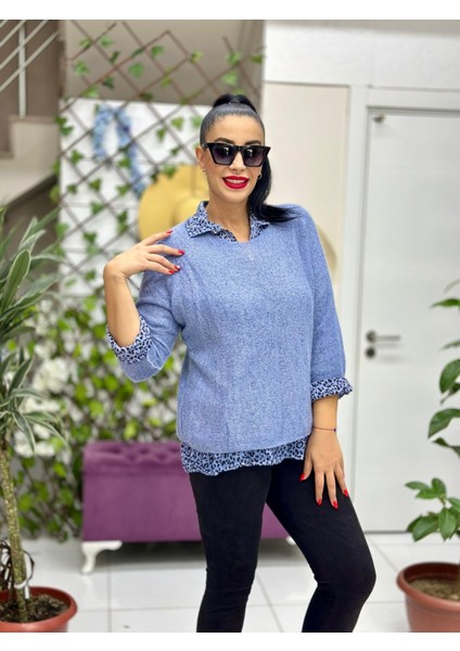 NC516025 Italyan Leopar Desen Fularlı Erkek Yaka Kazak Mavi