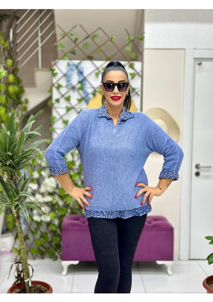 NC516025 Italyan Leopar Desen Fularlı Erkek Yaka Kazak Mavi fiyatları