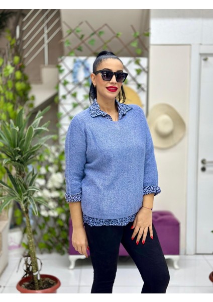 NC516025 Italyan Leopar Desen Fularlı Erkek Yaka Kazak Mavi modelleri