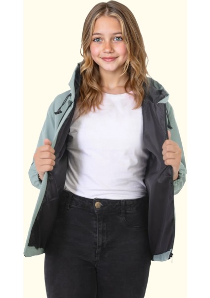 Spor Kız Çocuk Içi Astarlı Su ve Rüzgar Geçirmez Kapüşonlu Çift Fermuarlı Cepli Yağmurluk