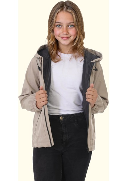 Spor Kız Çocuk Içi Astarlı Su ve Rüzgar Geçirmez Kapüşonlu Çift Fermuarlı Cepli Yağmurluk