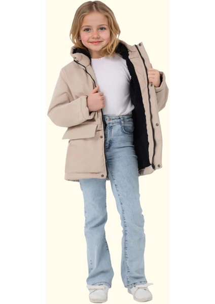 Spor Kız Çocuk Kürklü Su ve Rüzgar Geçirmez Kapüşonlu 3 Cep Mont & Kaban & Parka