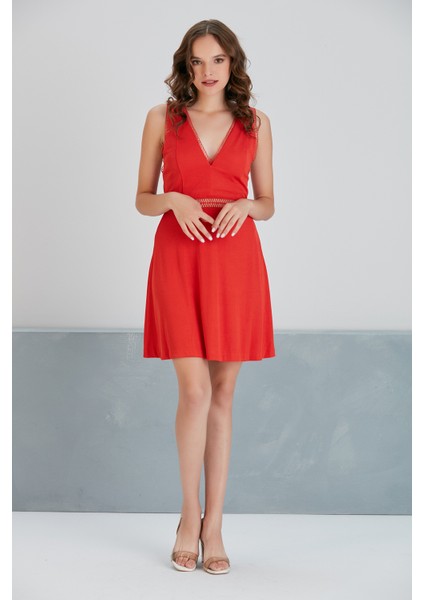 Kadın V Yaka Dokulu Yazlık Bel Detaylı A Kesim Nar Çiçeği Spor Şık Fermuarlı Askılı Tasarım Elbise fiyatları