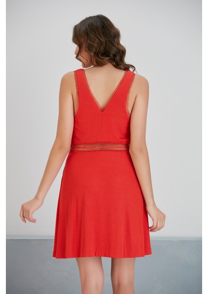 Kadın V Yaka Dokulu Yazlık Bel Detaylı A Kesim Nar Çiçeği Spor Şık Fermuarlı Askılı Tasarım Elbise indirimleri