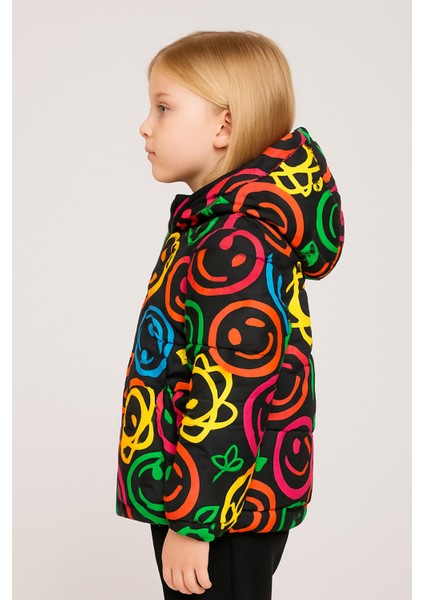 Kız Çocuk Gülen Emoji Polarlı Kürklü Su ve Rüzgar Geçirmez Kapüşonlu Kışlık Şişme Mont K-EMOJI-2024 modelleri