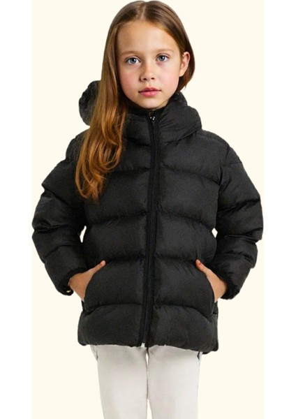 Kız Çocuk Polarlı Kürklü Kapüşonlu Su Geçirmez Rüzgara Dayanıklı Şişme Kışlık Mont